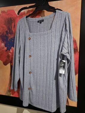 Light Blue Ribbed Square-Neck Spring Sweater with Side Buttons Plus Size 3X